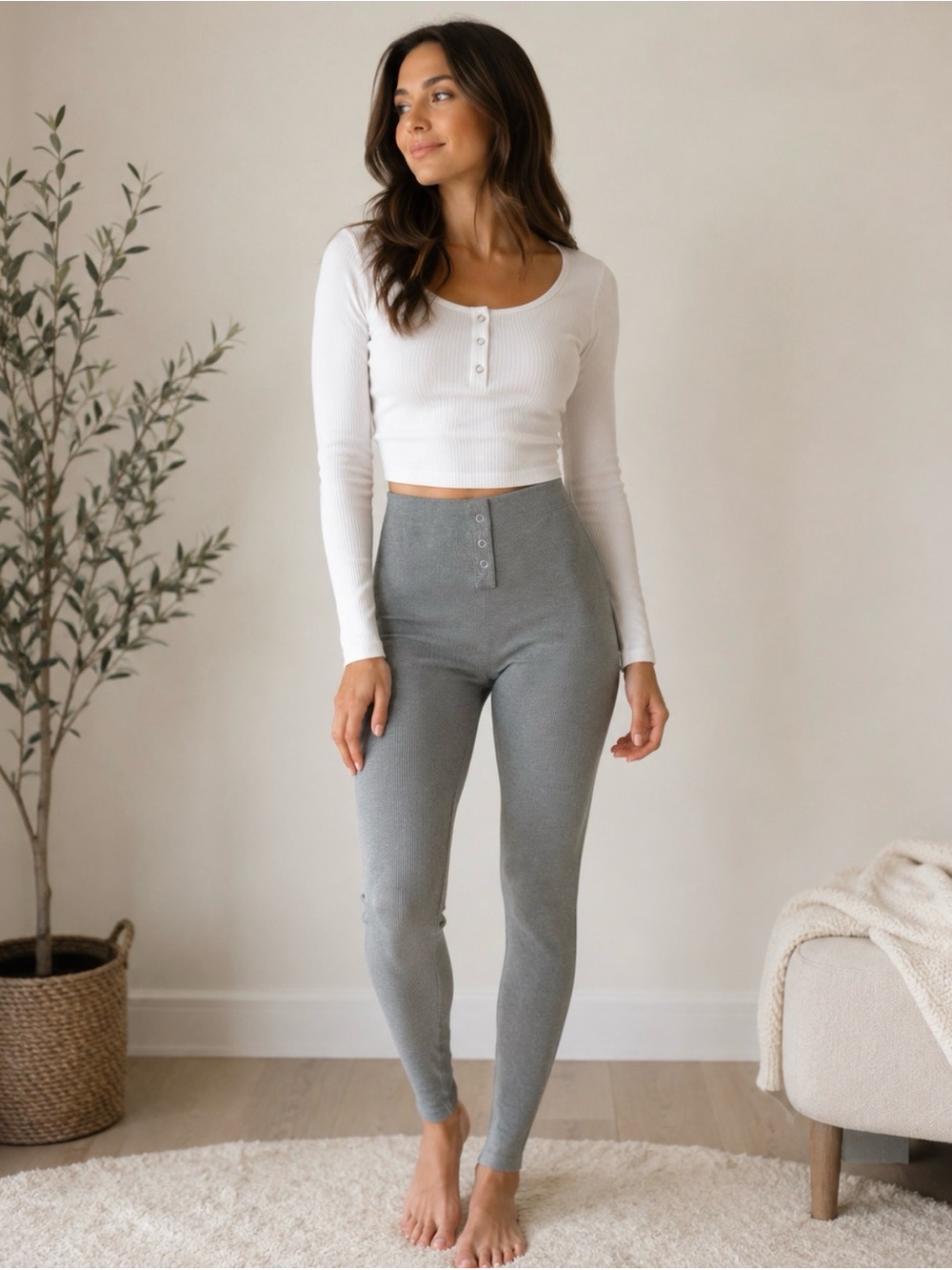 Forever 21 Gray Ribbed High-Waist Leggings with Button Tab